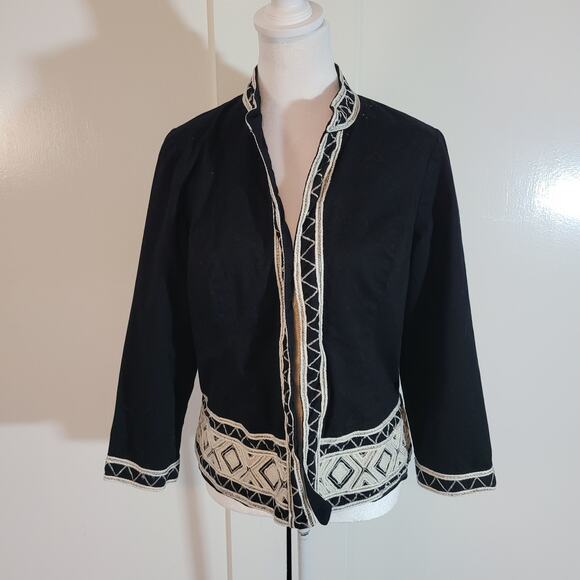 Chico's Size 1 US M Open Front Jacket Black and White Geometric Hems Layer - Picture 1 of 8